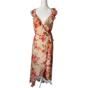 Lulus Start of Something New pink & beige floral maxi wrap dress size S NWT